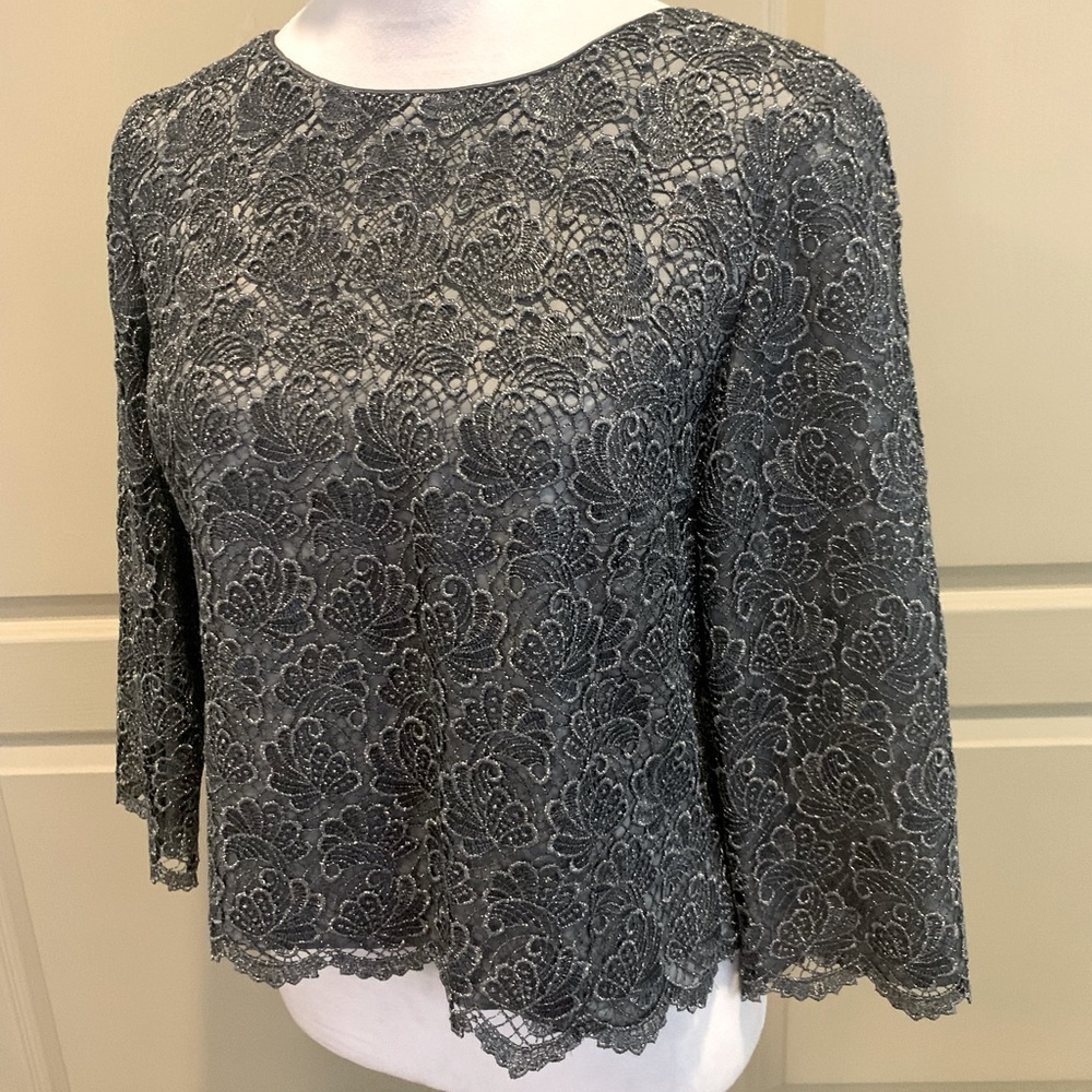 Talbots Women's Eyelet Lace Silver Metallic 3/4 Sleeve Blouse, Size 8